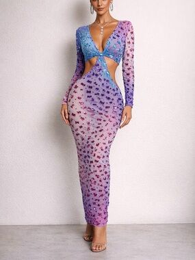 NWT Mew Mews Statement Dress Large L Purple Blue Beaded Jewel Cut Out Maxi Ombré